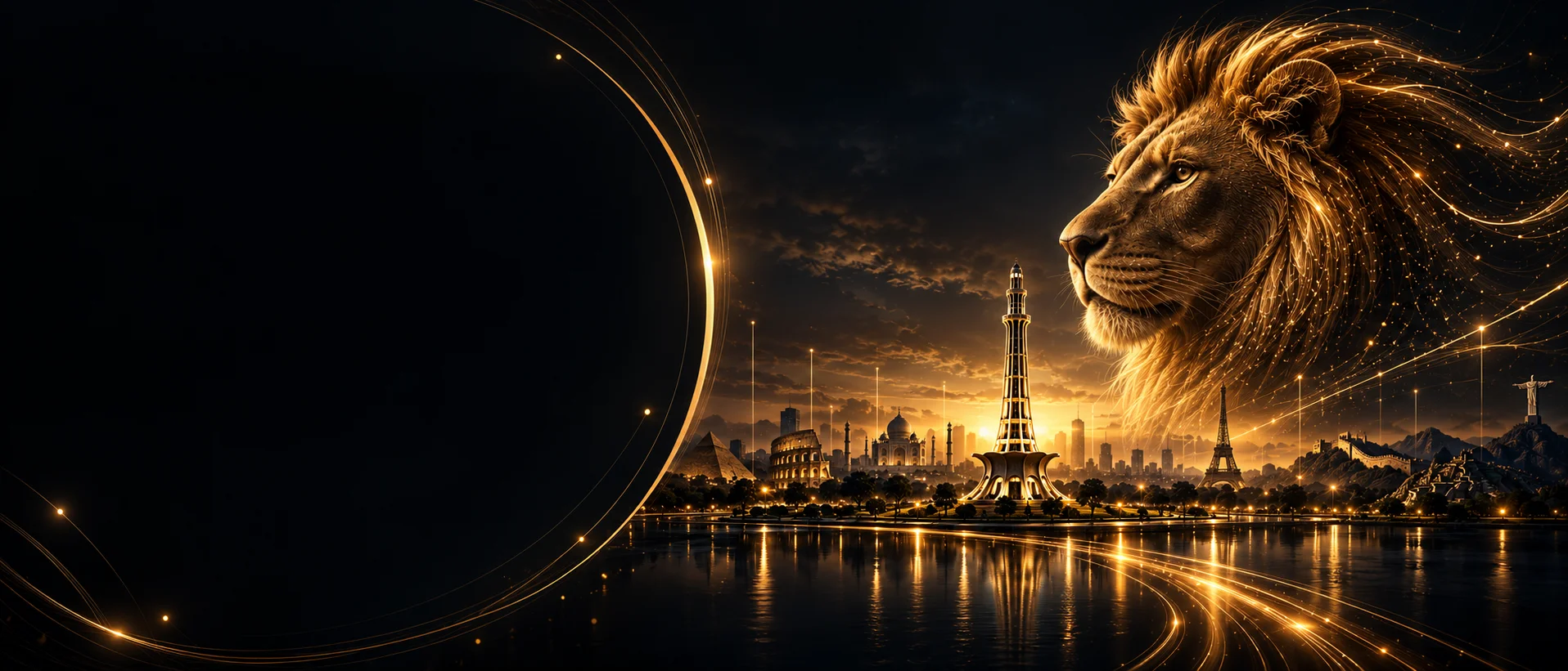Golden lion above Minar-e-Pakistan and world landmarks, illustrating the Tralionex brand