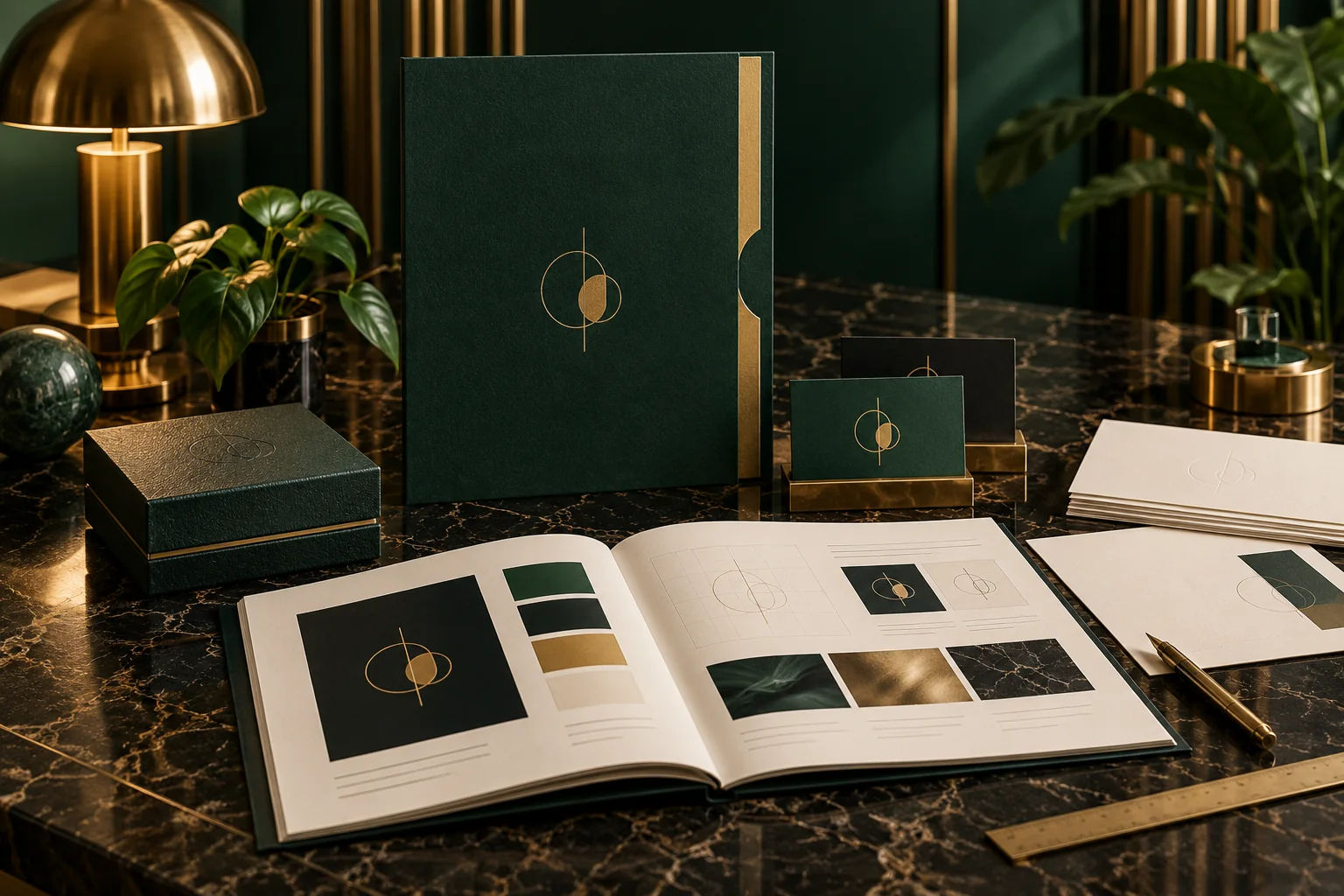 Emerald brand stationery, gold geometric logo and identity guidelines on black marble