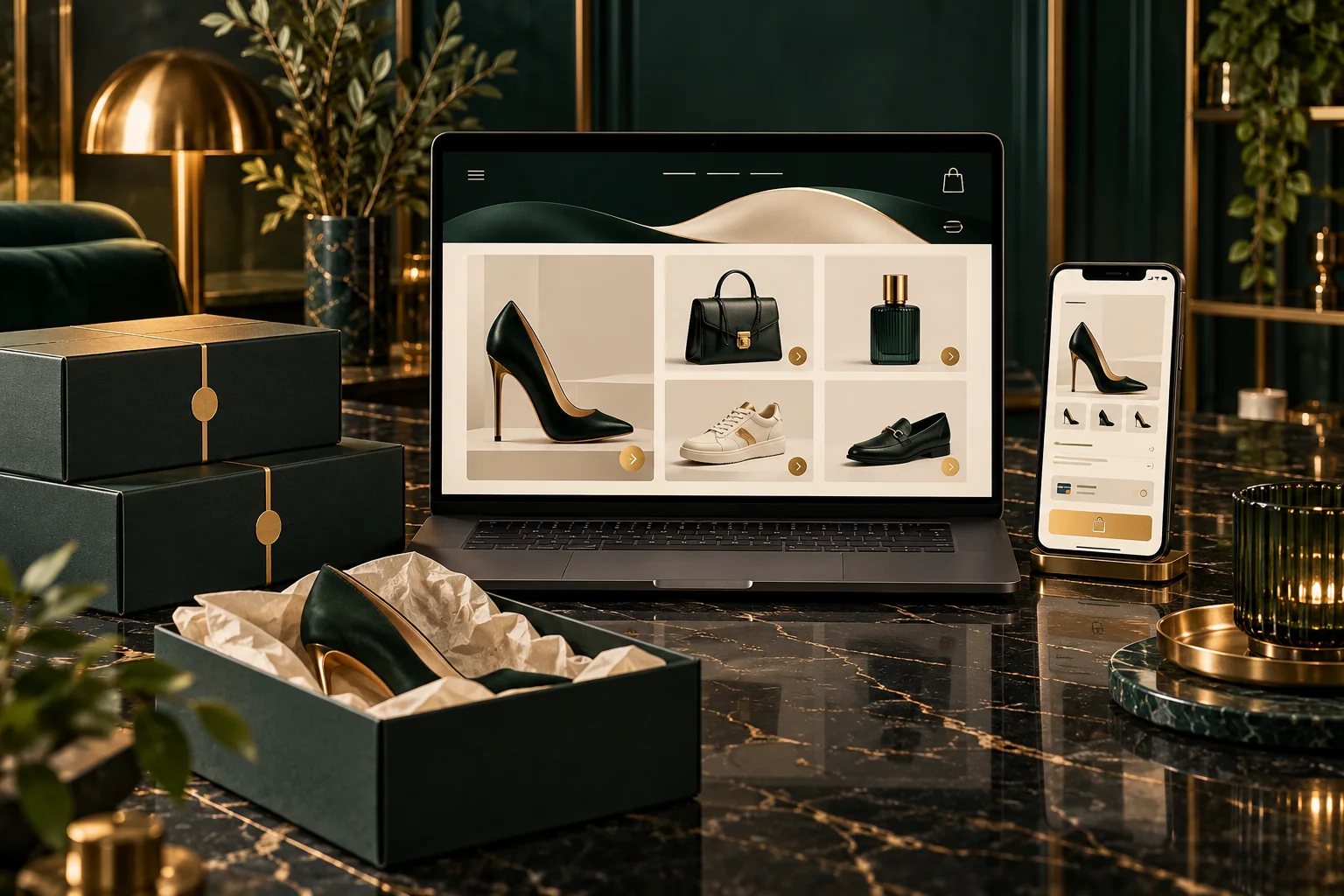 Online store on laptop and phone with product packaging in an emerald and gold studio