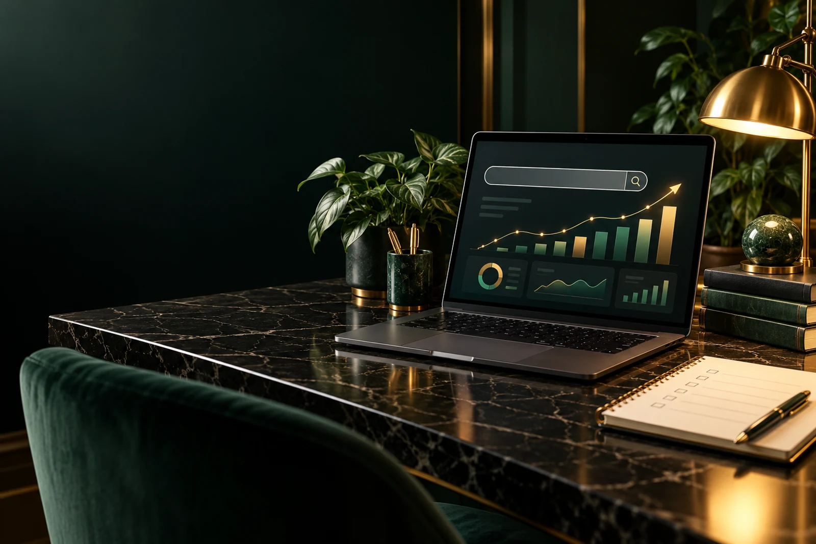 Search visibility dashboard on a laptop in an emerald and gold marble workspace