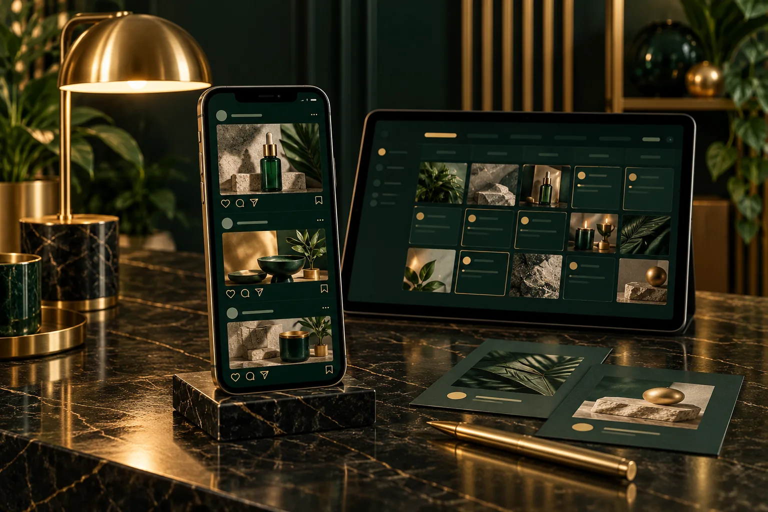 Smartphone social feed and content calendar in an emerald and gold campaign studio