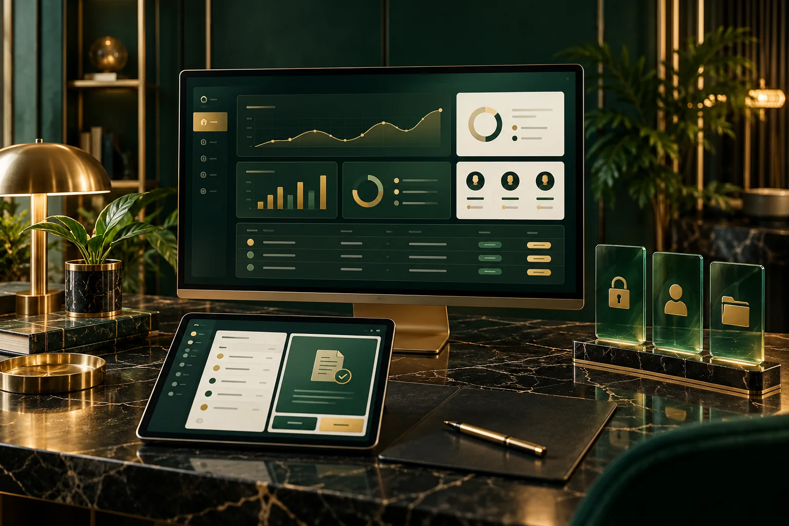Business dashboard, approval tablet and access cards in an emerald and gold workspace